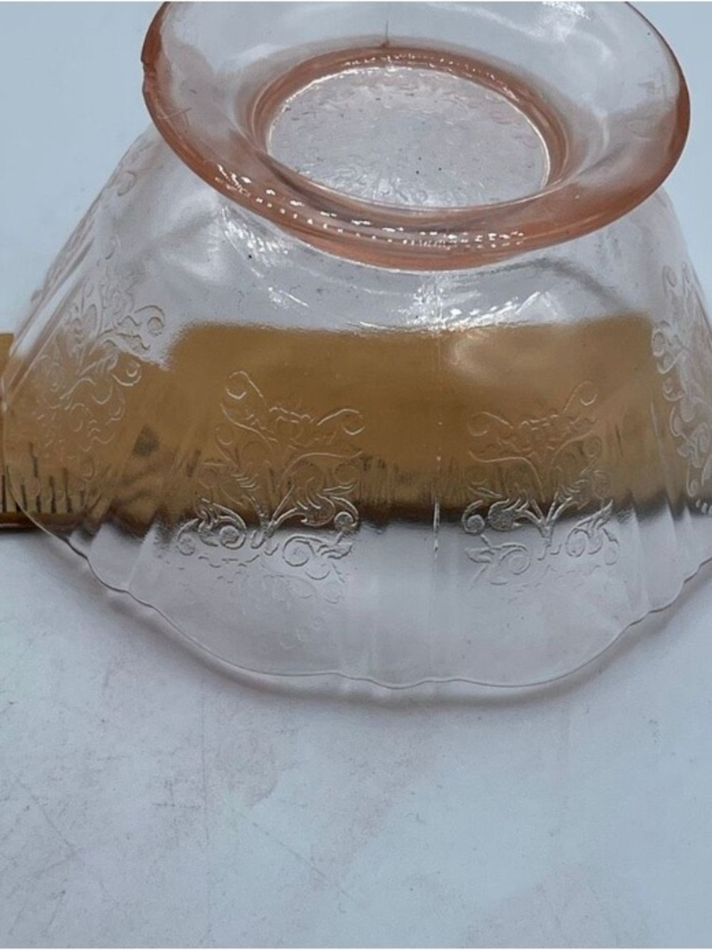 Delicate Pink Glass Scalloped Bowl with Floral Embossing